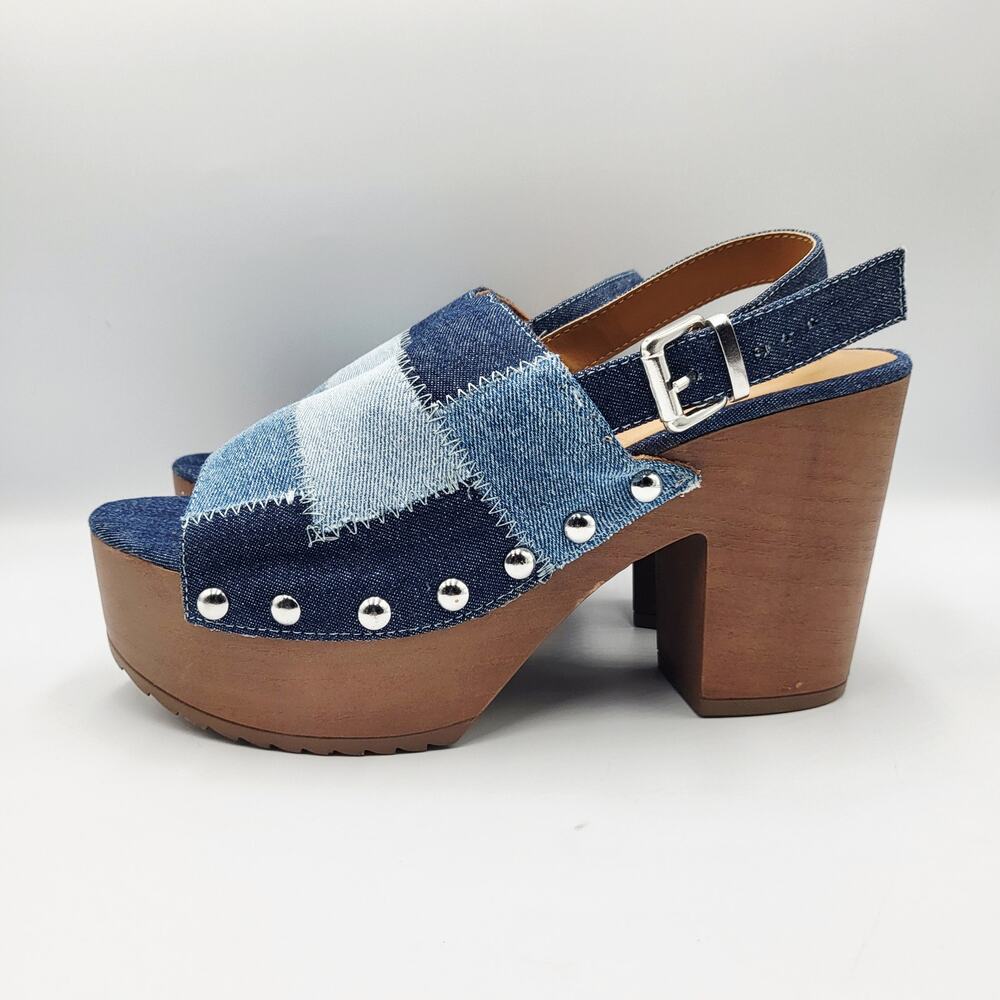 NWOT Sun & Stone Rayaell Studded Patchwork Denim Slingback Platform Sandals 6.5M - Picture 2 of 14